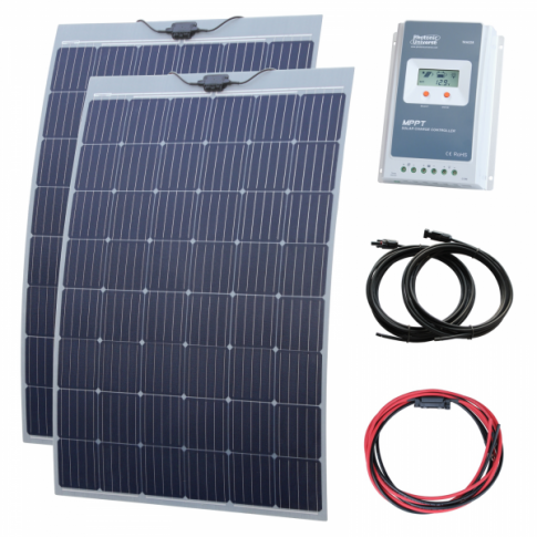 480W (2 x 240W) 12V/24V semi-flexible narrowboat solar charging kit with Austrian textured fibreglass solar panels